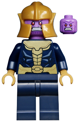 Thanos - Minifigure, Dark Blue and Gold Outfit, Dark Blue Arms, Pearl Gold Hands, Plain Legs, Helmet